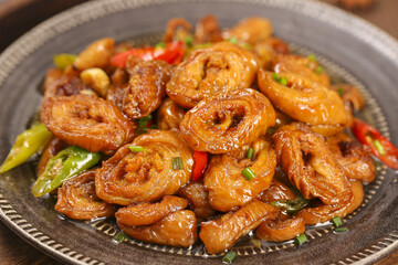 Hot Spicy Pork Sausage Stir Fry with Peppers and Spices Asian Style Braised Dish