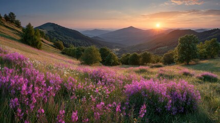 Bieszczady Mountains Sunset View, Poland, Scenic Landscape with Blooming Wildflowers and Forest, Wide Angle, Summer Season