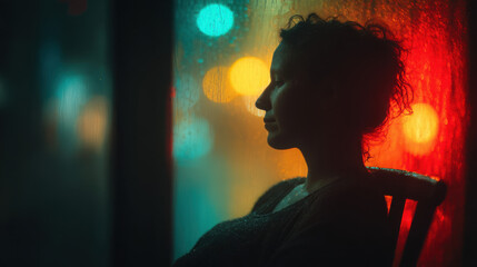 Mom sits alone by the window at night reflecting on postpartum depression with a baby cradle nearby