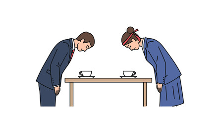 Business people bowing to each other in a formal meeting over a table.