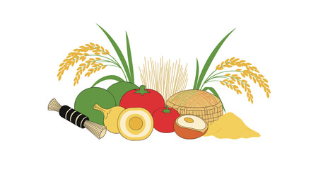 A vibrant collection of fresh fruits vegetables and grains representing a healthy harvest and agricultural abundance.