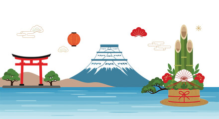 Traditional Japanese new year decoration with iconic landmarks in pixel art style.