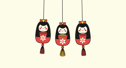 Traditional Japanese kokeshi dolls hanging as festive decorations in celebration of a cultural event