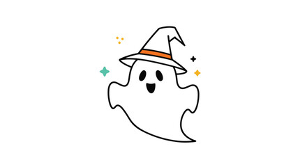 A cute ghost wearing a witch's hat and sparkling with magic on Halloween.