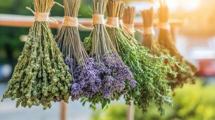 Bundles of dried herbs hanging in bright sunlight