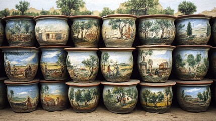 Artistic painted ceramic pottery pots stacked in garden