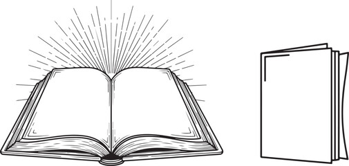 Open books with sunburst and closed book illustrations