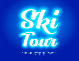 Vector Fashion emblem Ski Tour. Neon Snowy White Font. Led Light Calligraphic Alphabet Letters and Numbers set