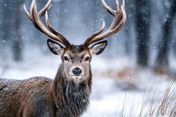 Red deer stag standing in snowy winter forest