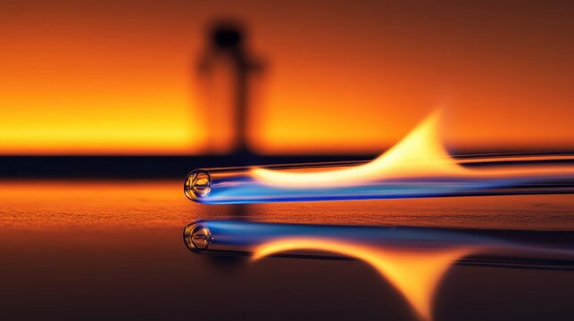 Blue Bunsen burner flame burning with vivid reflection against orange