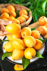 Fresh Loquat Fruits on Plate and Basket - Tropical Orange Yellow Fruit Display with Green Leaves