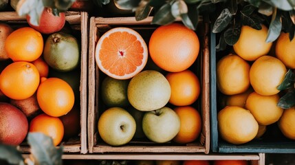 Assortment of fresh fruit arranged in wooden crates