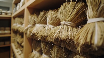 Bundles of dried grasses tied together on a wooden shelf