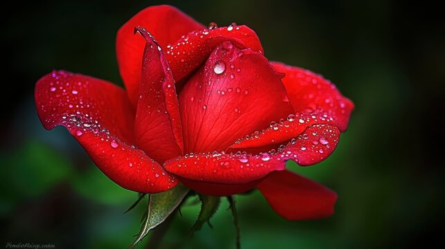 Close up of a red rose with glistening water droplets