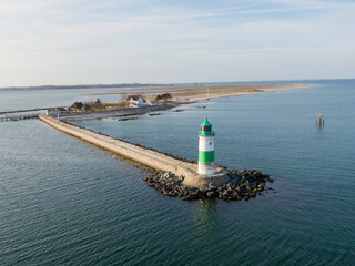 Aerial Drone View Schhleimünde Lighthouse - Green & White Beacon on Rocky Breakwater Baltic Sea Germany