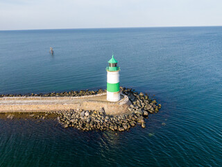 Aerial Drone View Schhleimünde Lighthouse - Green & White Beacon on Rocky Breakwater Baltic Sea Germany