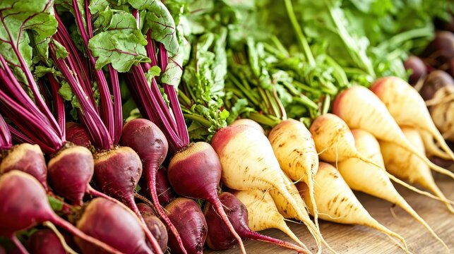 Assorted organic beetroots and other vegetables up close