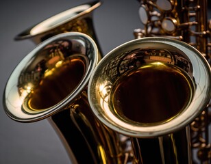 Close-Up of Shiny Saxophone Bells with Rich Reflections and Details