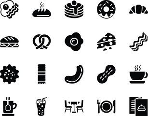 Halloween breakfast solid icon set. spooky food and drink solid icons collection ,slow breakfast table flat black solid vector illustration isolated on transparent background