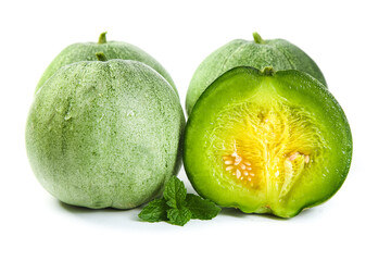 Fresh Shandong Emerald Green Melons on White Background - Whole and Half Cut Showing Interior