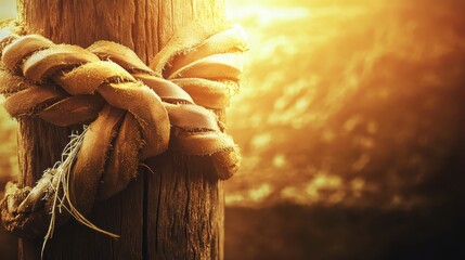 Close up of braided bread loaf on wooden post in sunlight