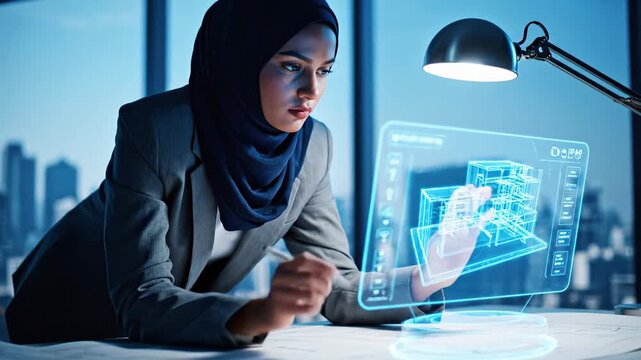 Muslim female architect in a hijab is using a transparent holographic computer screen to create a building model in a contemporary urban office setting