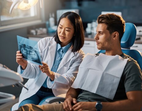 Dentist Consultation with Patient Examining X-ray in Clinic Setting