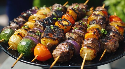Close up of delicious grilled skewers with meat and vegetables