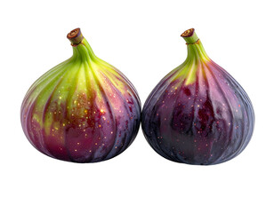 Two ripe dark purple figs with green stems on black
