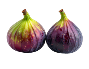 Two ripe dark purple figs with green stems on black
