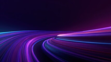 Futuristic background with curved light trails in purple blue and pink hues mimicking a high-speed road or a digital data tunnel