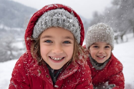 Two smiling children wearing red coats playing in the snow