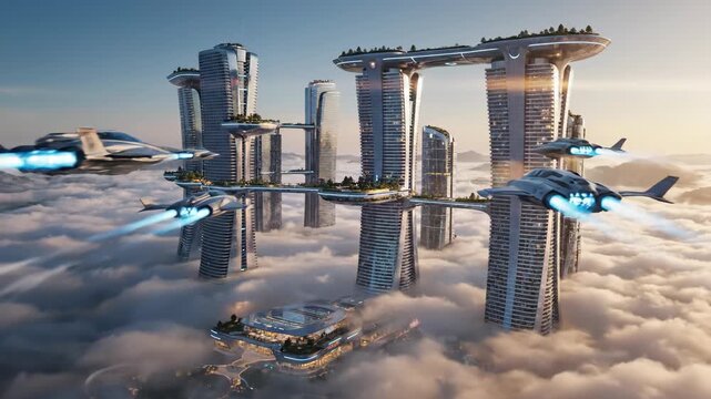 Futuristic City Above Clouds Flying Cars, Utopian Architecture