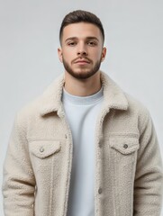 Menswear portrait of bearded young man in sherpa fleece jacket, studio on neutral background