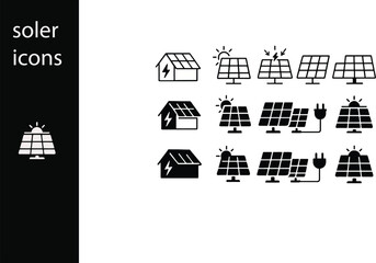 Modern vector icons illustrating solar energy systems, sustainable power generation, clean renewable electricity solutions, and eco-friendly technology for homes