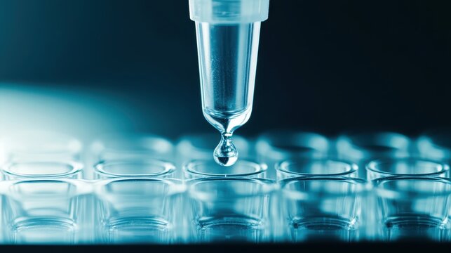 Close up of pipette dispensing clear liquid droplets
