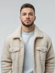 Lookbook portrait of bearded young man in fleece jacket on neutral studio background