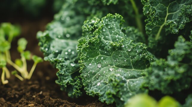 Close up of kale leaves with water droplets showing texture