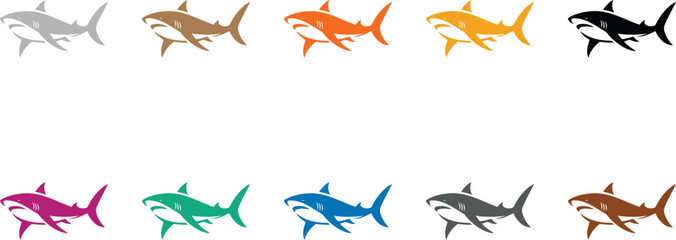 Colorful shark icons in rows ocean design, Multicolor shark vector collection for aquatic art