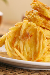 Traditional Chinese Fried Potato Shrimp Cakes Golden Crispy Asian Cuisine Appetizer on White Plate