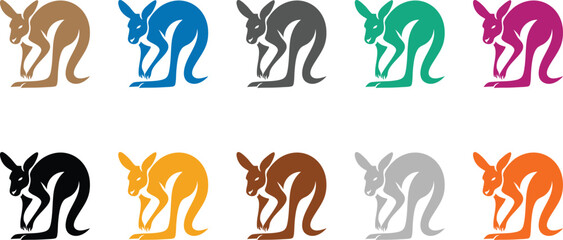 Colorful kangaroo silhouettes collection marsupial design, Vibrant kangaroo animal silhouettes for wildlife art