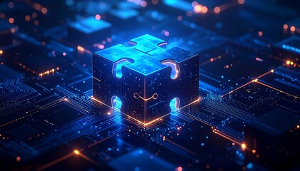 Glowing puzzle piece cube rests on an intricate, illuminated, futuristic circuit board with bokeh lights