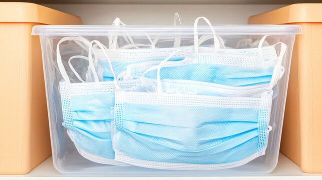 Close up of surgical masks arranged in a storage compartment