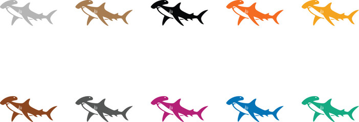 Hammerhead shark icons in different colors, Colorful hammerhead shark silhouettes ocean wildlife