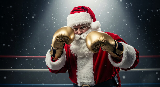Santa Claus in boxing stance with golden gloves and snowy background, symbolizing Christmas spirit with a playful, fighting attitude, suitable for festive concepts