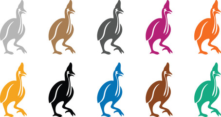 Fototapeta premium Cassowary bird silhouettes in various colors, Colorful cassowary bird illustration wildlife art