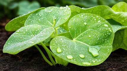 Close up of dew kissed cucumber leaves with water droplets