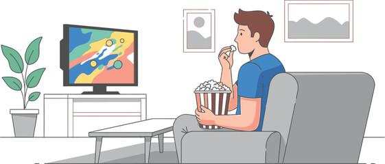Simple vector illustration of man watching TV and eating popcorn, entertainment concept.