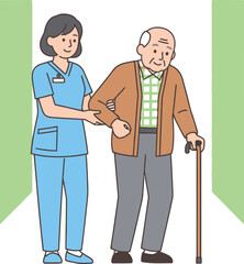 Simple vector illustration of nurse helping elderly man walk, healthcare assistance concept.