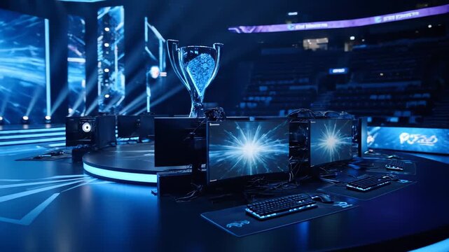 In the center of a circular platform surrounded by gaming computers, there is a champion's trophy cup displayed on the stage of a professional video game tournament